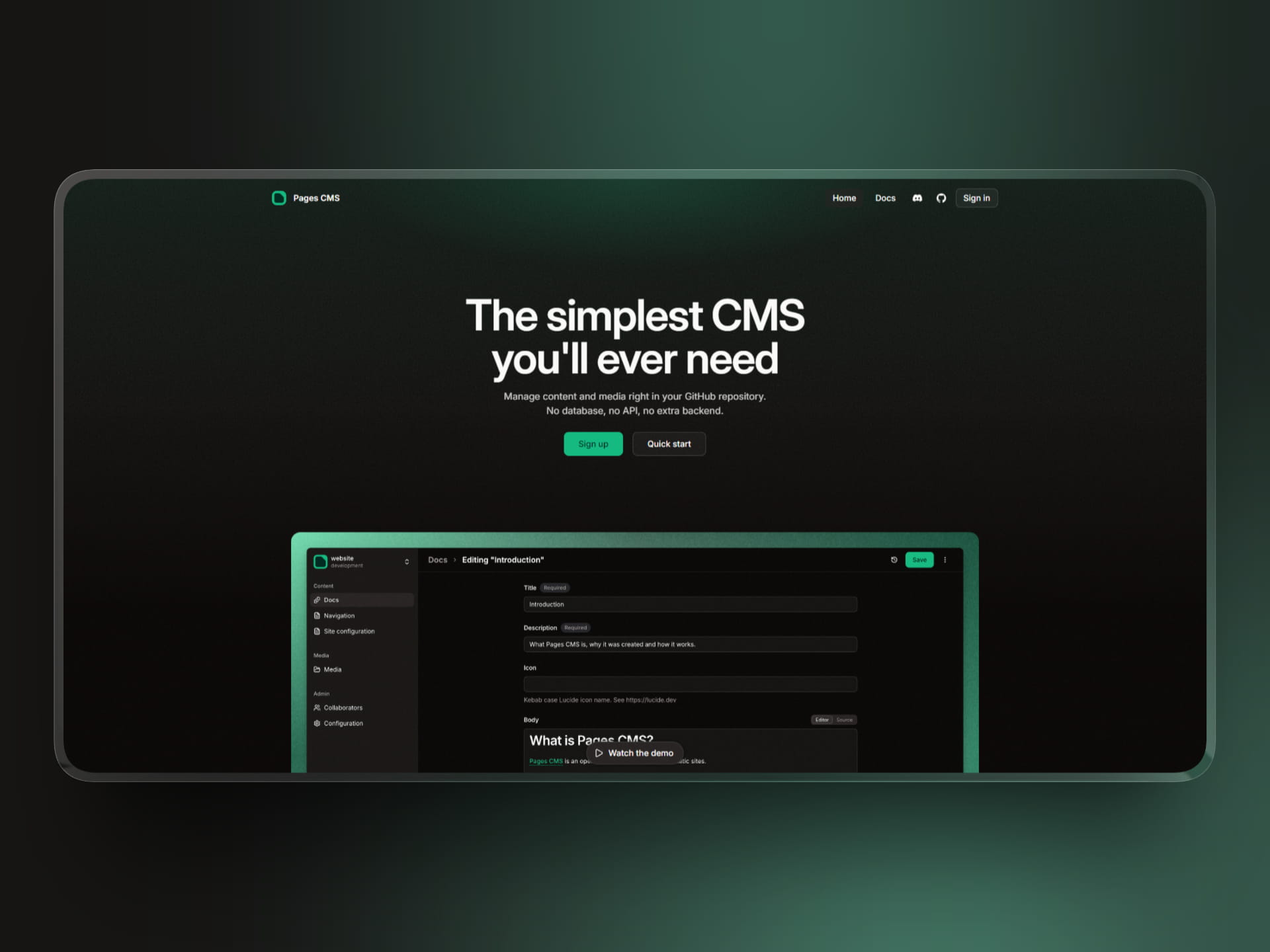Pages CMS interface showing the visual editor and content management