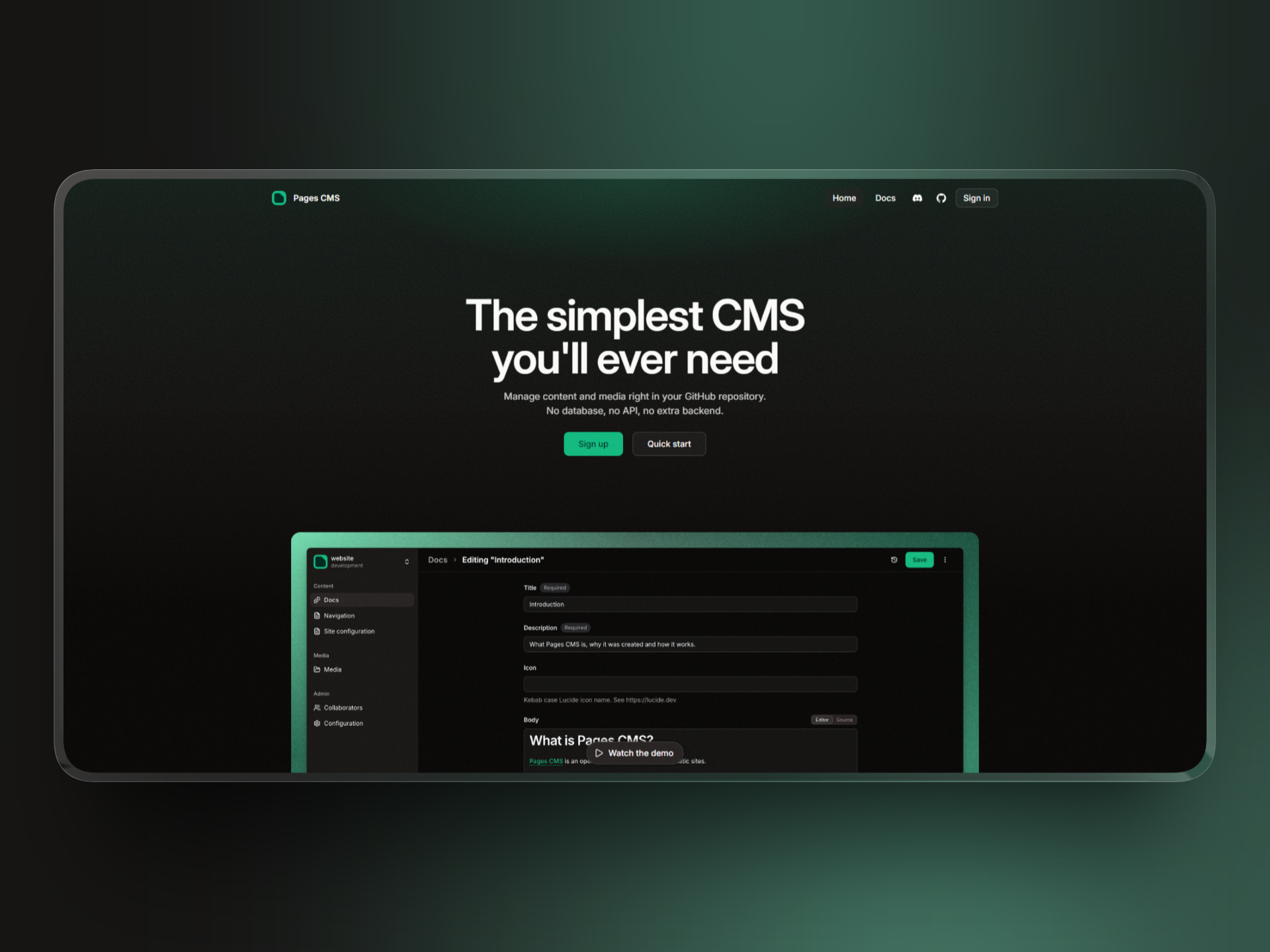 Pages CMS interface showing the visual editor and content management
